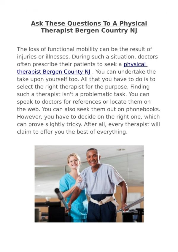 Ask These Questions To A Physical Therapist Bergen Country NJ