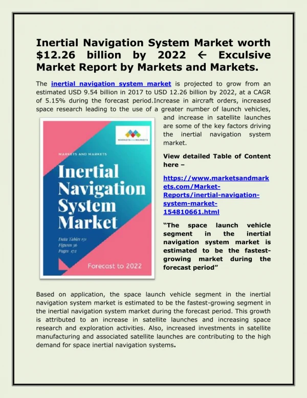 Inertial Navigation System Market worth $12.26 billion by 2022  Exclusive Market Report by Markets and Markets.