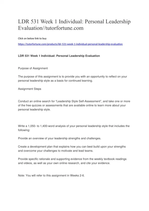 LDR 531 Week 1 Individual: Personal Leadership Evaluation//tutorfortune.com