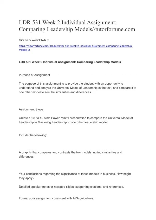 LDR 531 Week 2 Individual Assignment: Comparing Leadership Models//tutorfortune.com