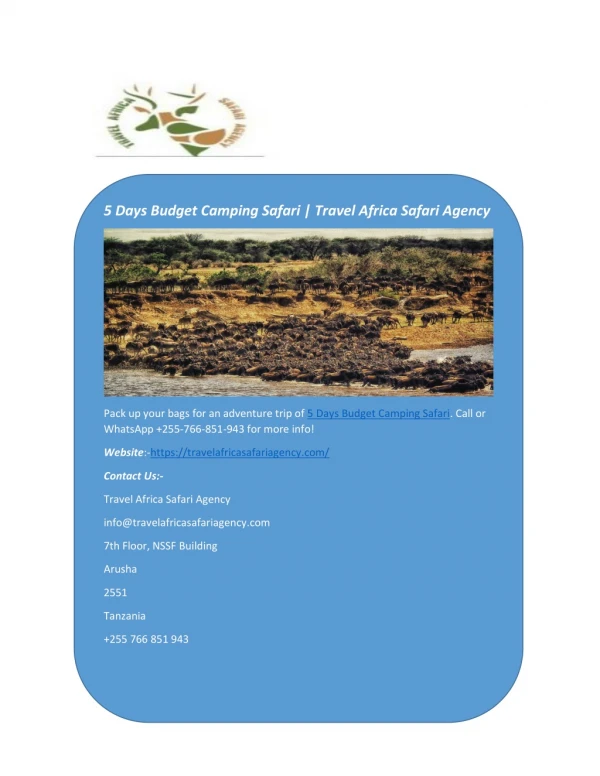 5 Days Budget Camping Safari | Travel Africa Safari Agency