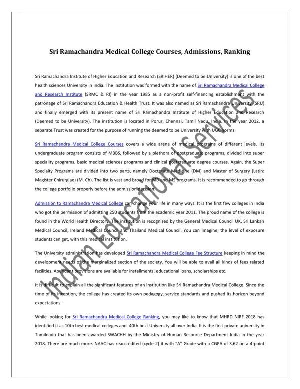 Sri Ramachandra Medical College Courses, Admissions, Ranking