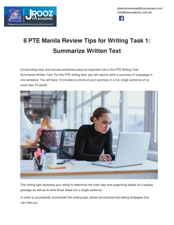 8 PTE Manila Review Tips for Writing Task 1: Summarize Written Text