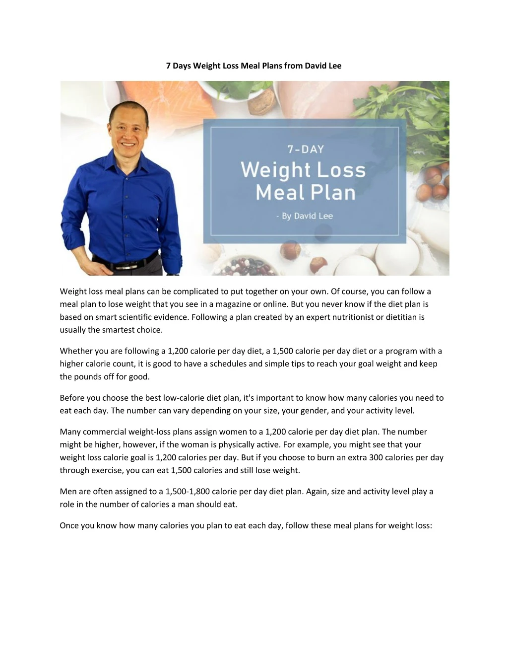 7 days weight loss meal plans from david lee