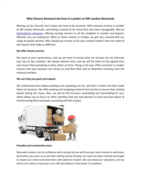 Why Choose Removal Services in London at SW London Removals