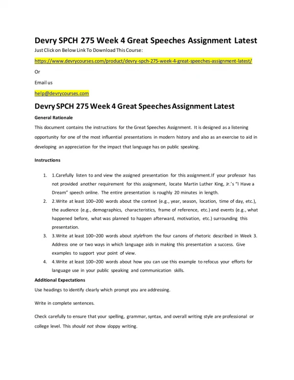 Devry SPCH 275 Week 4 Great Speeches Assignment Latest General Rationale