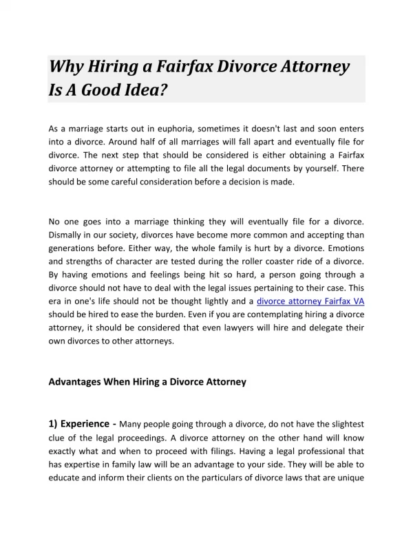 Why Hiring a Fairfax Divorce Attorney Is A Good Idea?