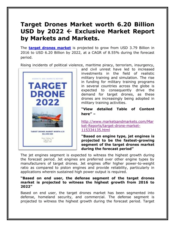 Target Drones Market worth 6.20 Billion USD by 2022 ? Exclusive Market Report by Markets and Markets.