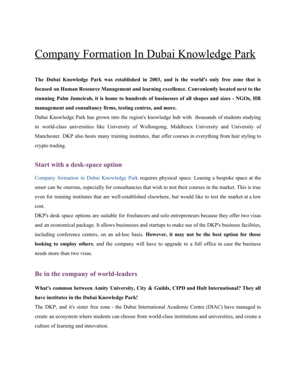 COMPANY FORMATION IN DUBAI KNOWLEDGE PARK