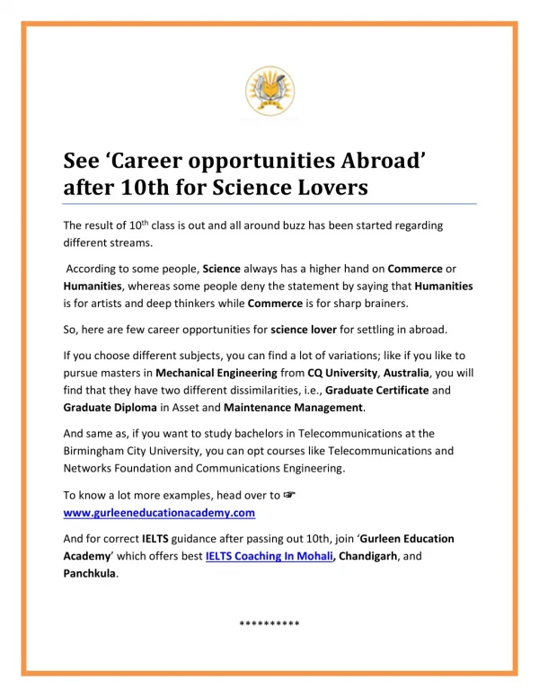 See ‘Career opportunities Abroad’ after 10th for Science Lovers