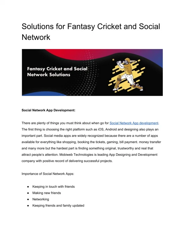 Solutions for Fantasy Cricket and Social Network