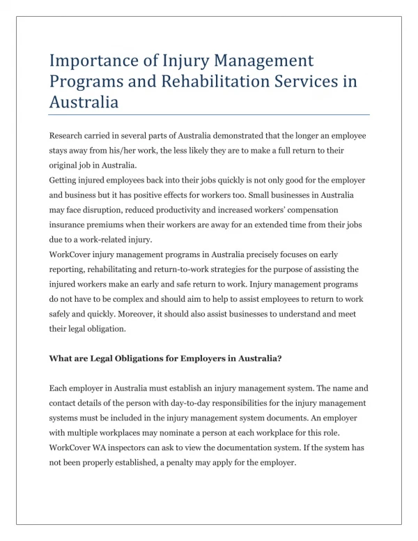 Importance of Injury Management Programs and Rehabilitation Services in Australia