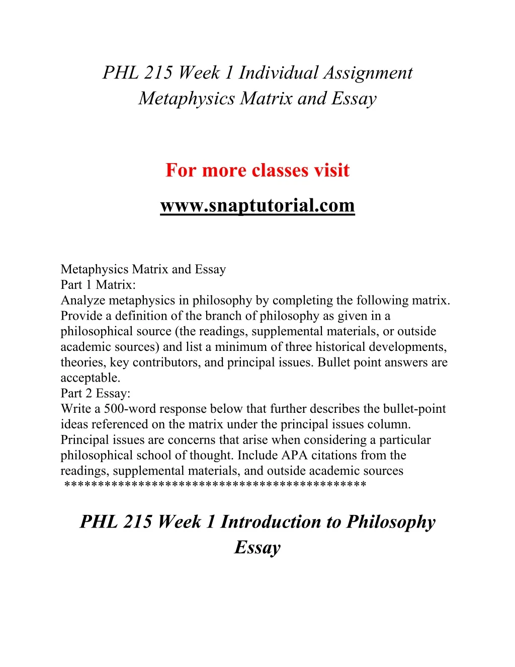 phl 215 week 1 individual assignment metaphysics