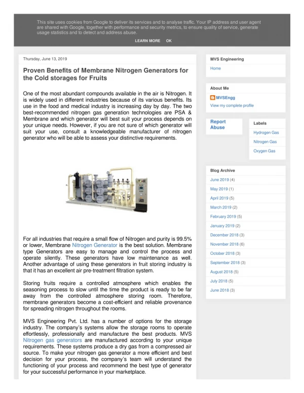 Proven Benefits of Membrane Nitrogen Generators for the Cold storages for Fruits