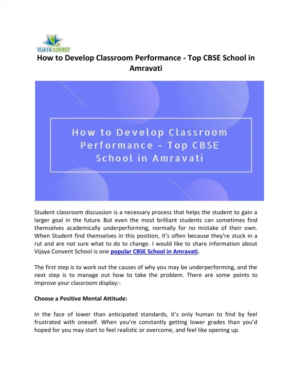 How to Develop Classroom Performance - Top CBSE School in Amravati