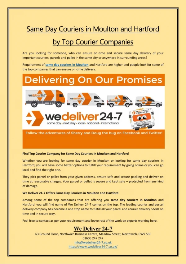 Same Day Couriers in Moulton and Hartford by Top Courier Companies