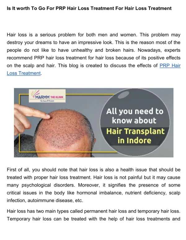 Is It worth To Go For PRP Hair Loss Treatment For Hair Loss Treatment