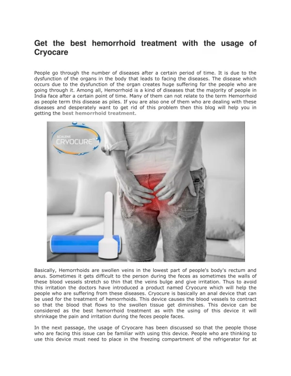 Get the best hemorrhoid treatment with the usage of Cryocare