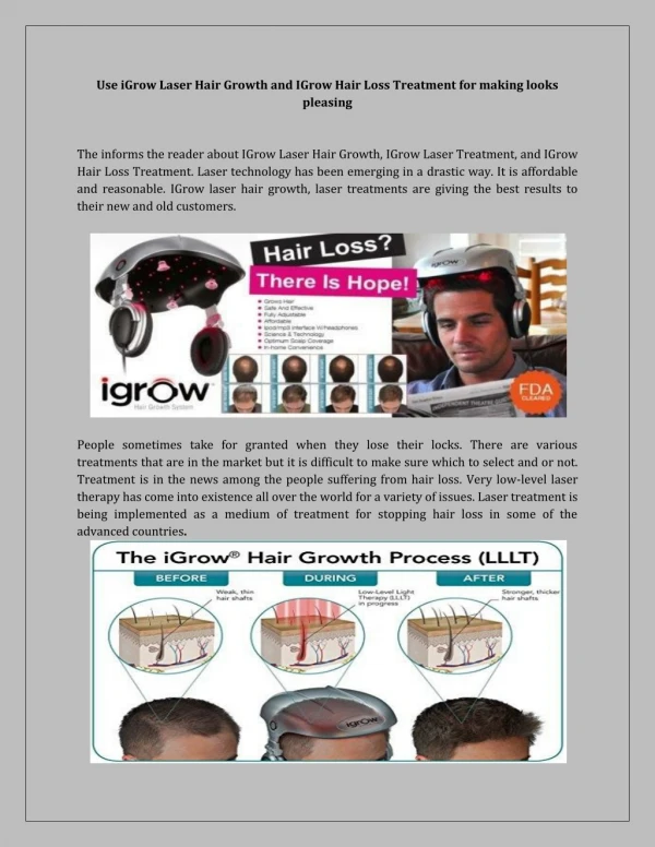 Use iGrow Laser Hair Growth and IGrow Hair Loss Treatment for making looks pleasing