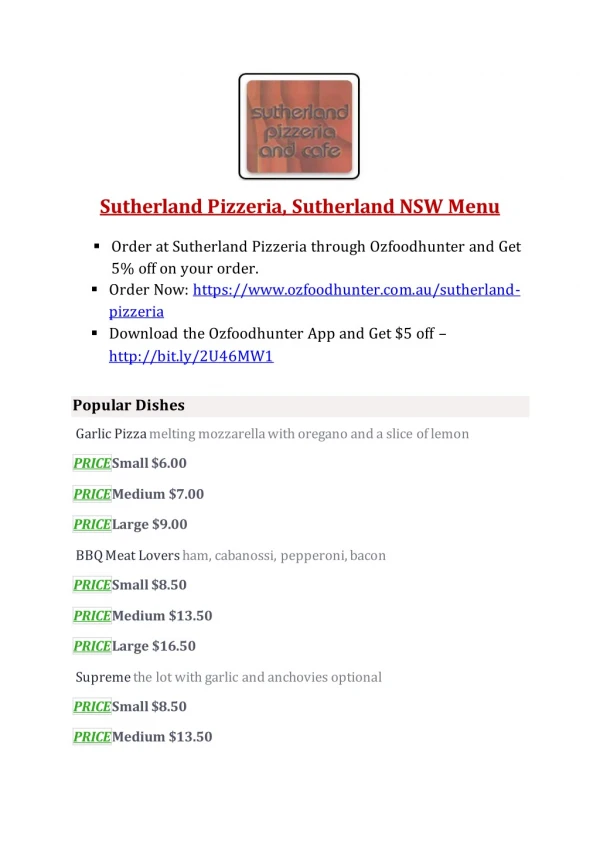15% Off - Sutherland Pizzeria-Sutherland - Order Food Online