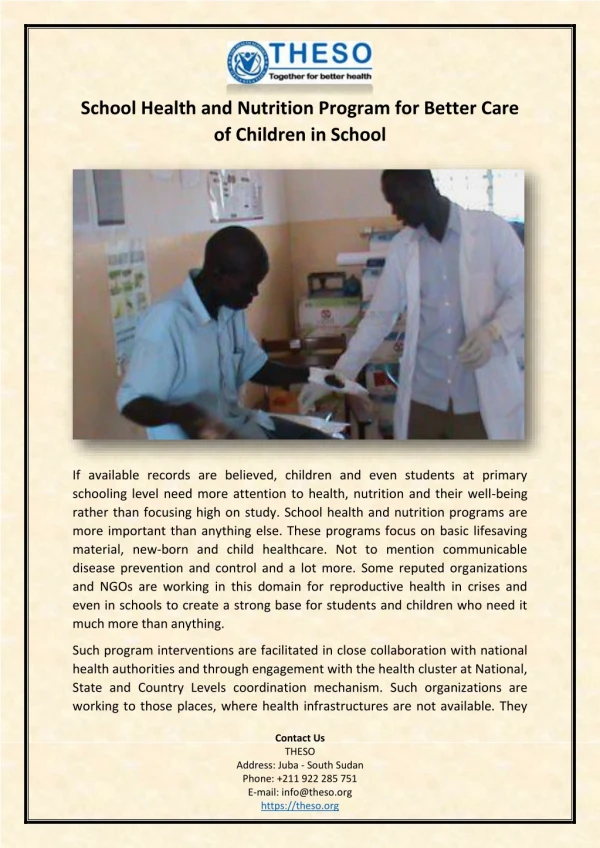 School Health and Nutrition Program for Better Care of Children in School