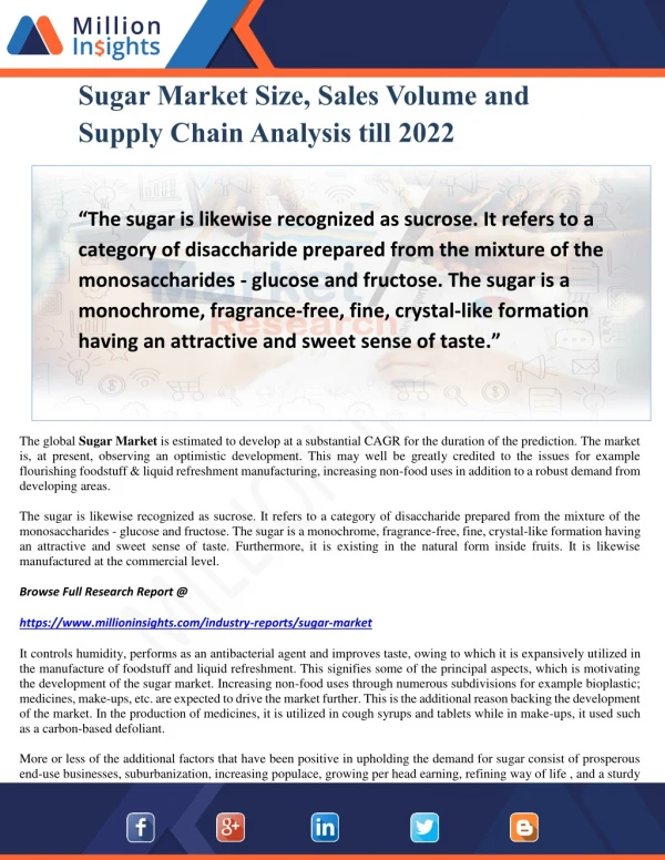 Sugar Market Size, Sales Volume and Supply Chain Analysis till 2022