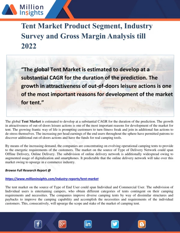 Tent Market Product Segment, Industry Survey and Gross Margin Analysis till 2022