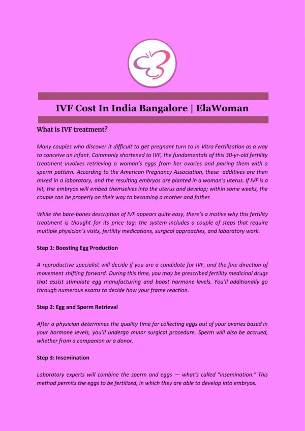 IVF Cost In India Bangalore | ElaWoman