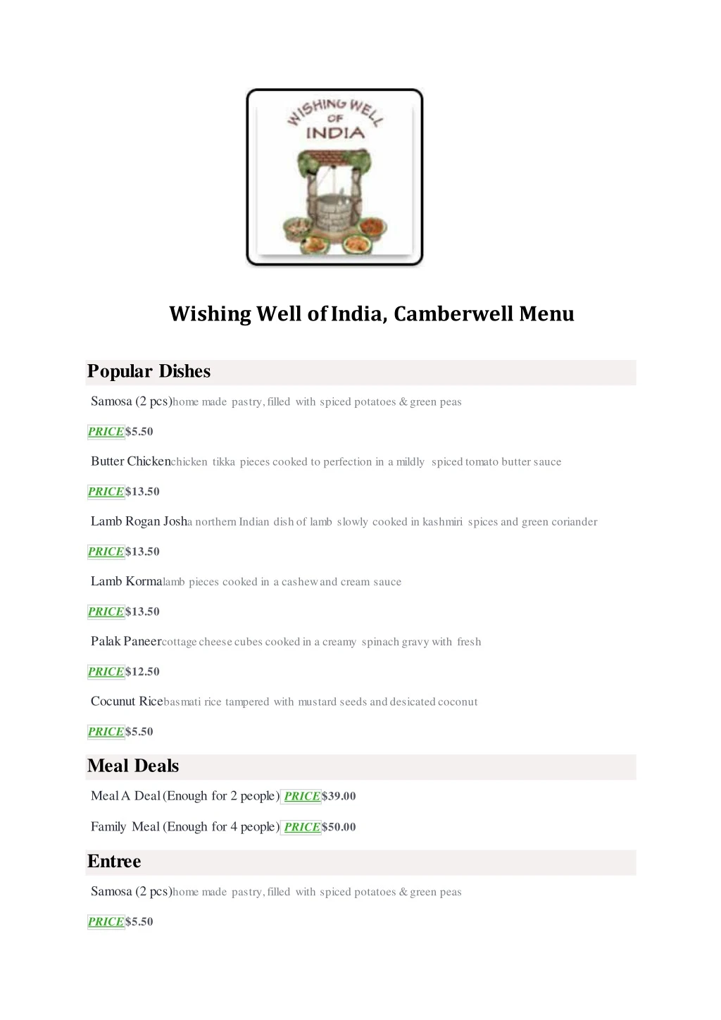 wishing well of india camberwell menu popular