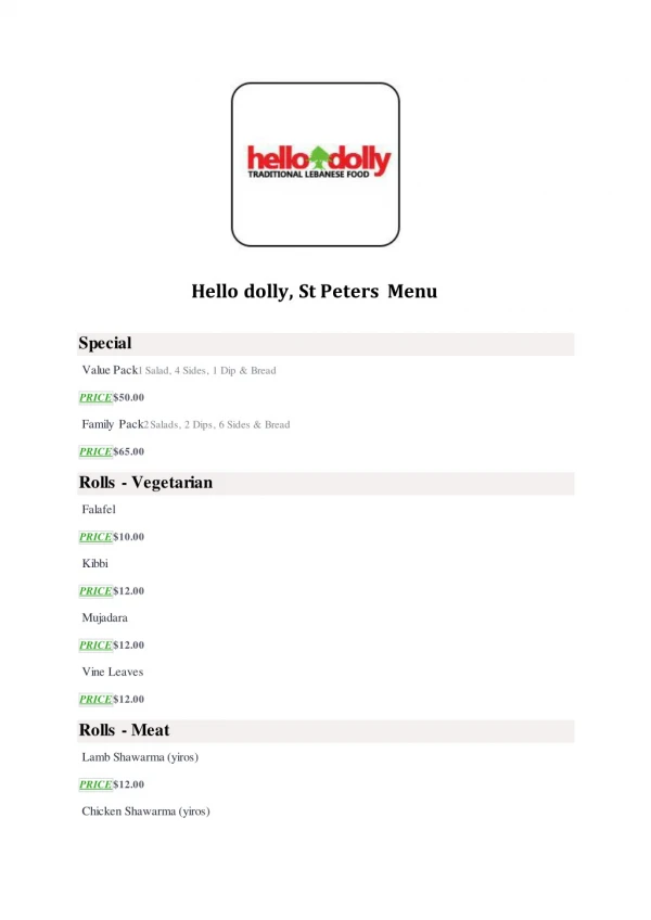 15% Off - Hello dolly-St Peters - Order Food Online