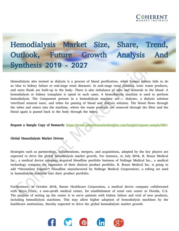 Hemodialysis Market To Witness Substantial Gains Over 2019-2027