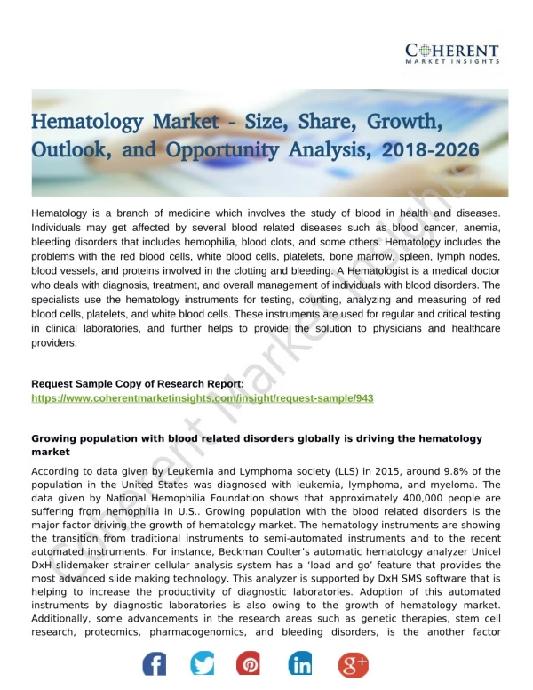 Hematology Market to Exhibit Steadfast Expansion During 2016-2026