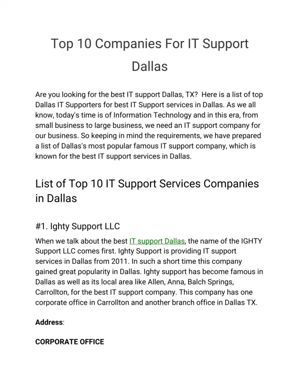 Top 10 Companies For IT Support Dallas