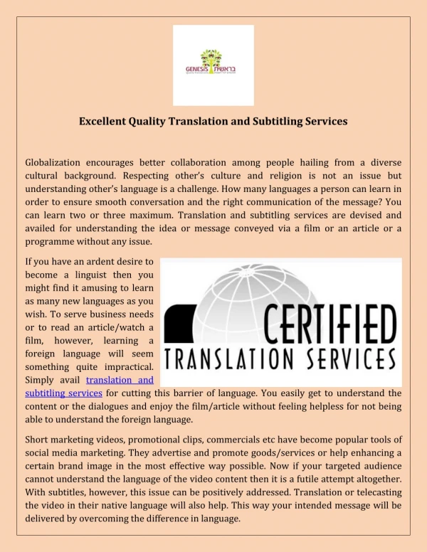 Excellent Quality Translation and Subtitling Services