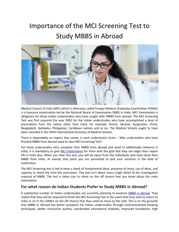 Importance of the MCI Screening Test to Study MBBS in Abroad