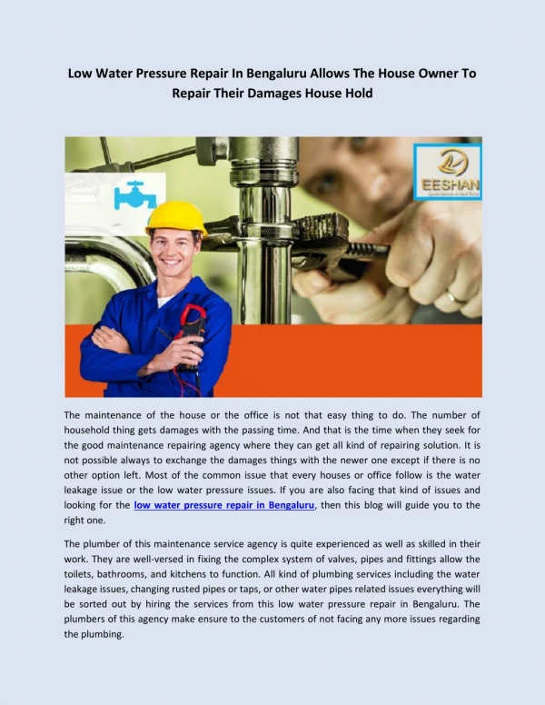 Low Water Pressure Repair In Bengaluru Allows The House Owner To Repair Their Damages House Hold