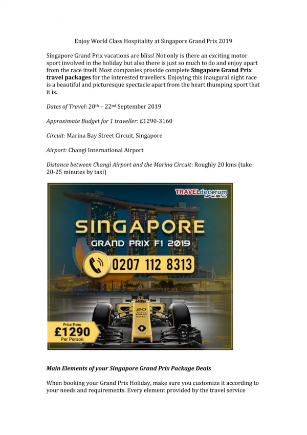 Enjoy World Class Hospitality at Singapore Grand Prix 2019