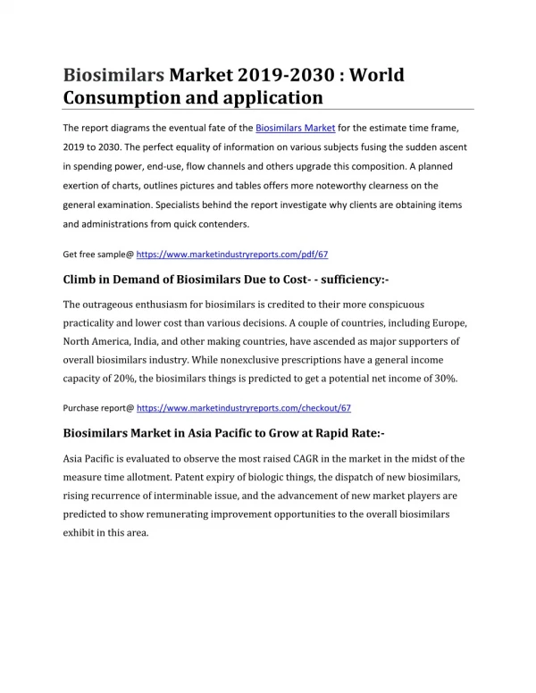 Biosimilars Market 2019-2030 : World Consumption and application