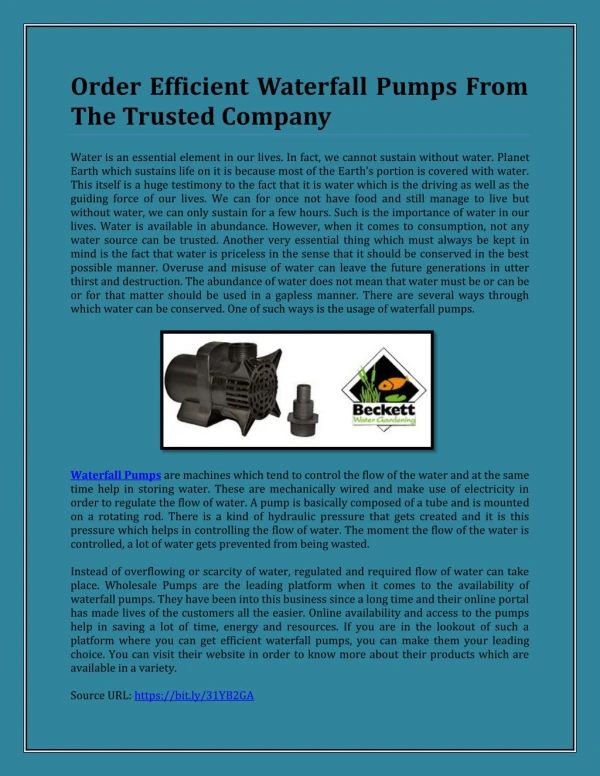 Order Efficient Waterfall Pumps From The Trusted Company