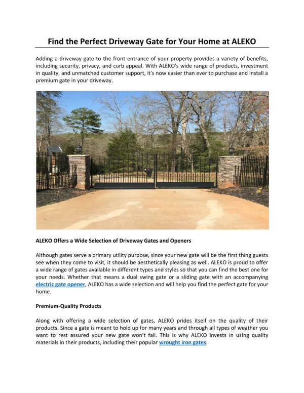 Find the Perfect Driveway Gate for Your Home at ALEKO
