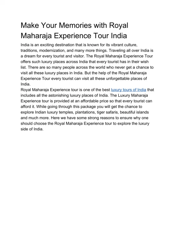 Make Your Memories with Royal Maharaja Experience Tour India