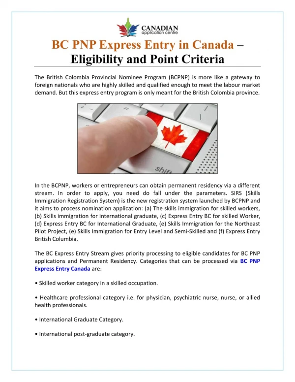 BC PNP Express Entry in Canada – Eligibility and Point Criteria