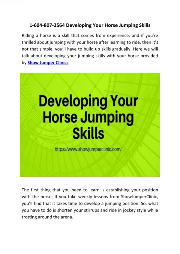 1-604-807-2564 Developing Your Horse Jumping Skills