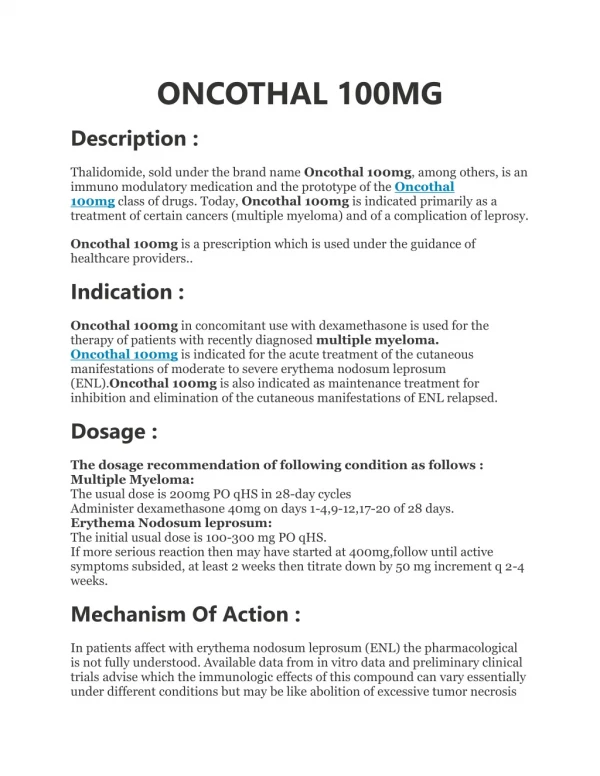 Thalidomide - Oncothal 100mg tablet online | Anticancerdrugs