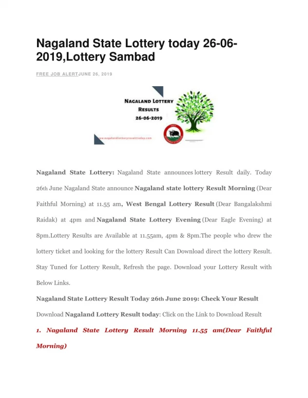 Nagaland State Lottery today 26-06-2019,Lottery Sambad