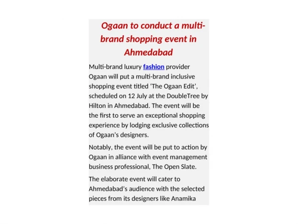 Ogaan to conduct a multi-brand shopping event in Ahmedabad
