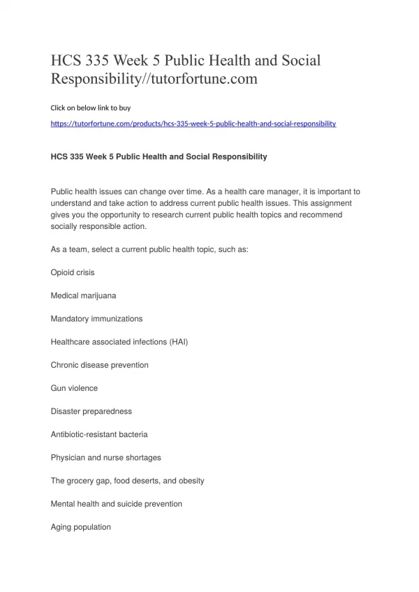 HCS 335 Week 5 Public Health and Social Responsibility//tutorfortune.com