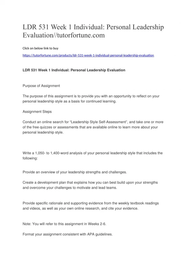 LDR 531 Week 1 Individual: Personal Leadership Evaluation//tutorfortune.com