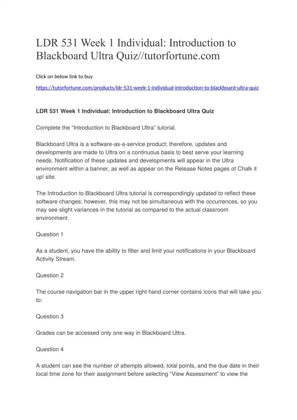 LDR 531 Week 1 Individual: Introduction to Blackboard Ultra Quiz//tutorfortune.com