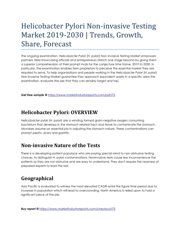 Helicobacter Pylori Non-invasive Testing Market 2019-2030 | Trends, Growth, Share, Forecast